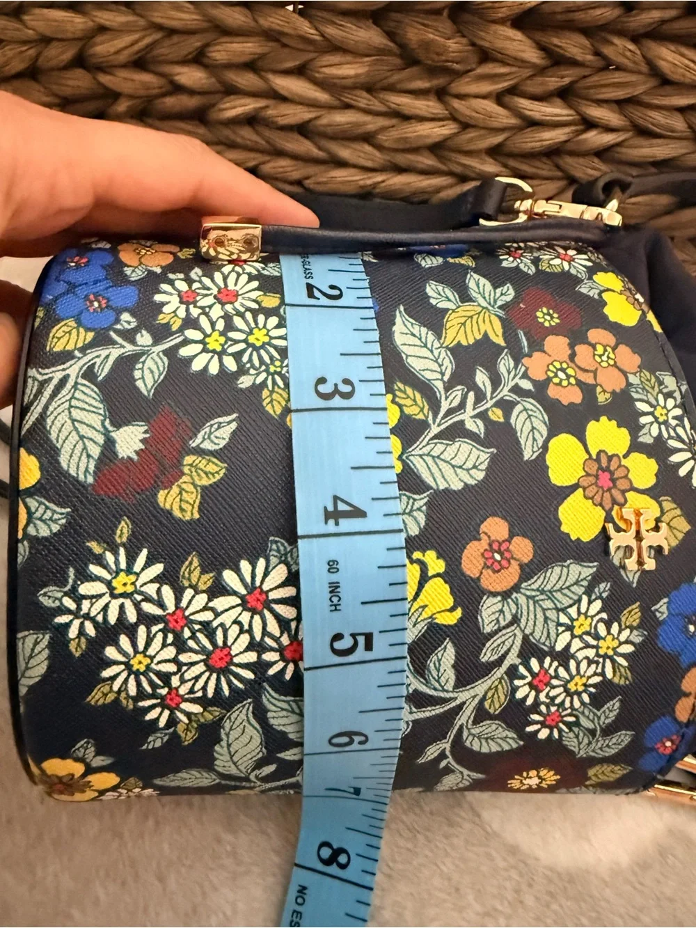 Tory Burch Navy Floral Mini Bucket Bag with Yellow & Blue Blooms